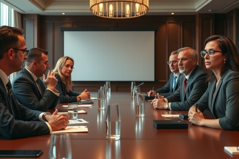 Detalle de personajes políticos y contexto relacionado con: Imagina una mesa de negociaciones cargada de tensiones sutiles, donde representantes de Nuevo Liberalismo, Mira y Dignidad miden cada palabra como si fueran balas en una recámara.. Estilo foto editorial política.