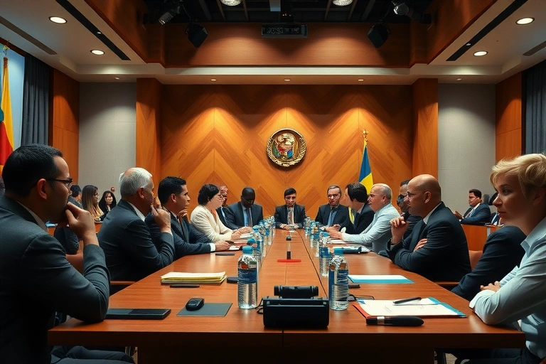 Detalle de personajes políticos y contexto relacionado con: Imagina salas de reuniones en Bogotá cargadas de expectativa, precandidatos intercambiando ideas bajo el peso de la urgencia opositora, pero saliendo con más preguntas que respuestas.. Estilo foto editorial política.