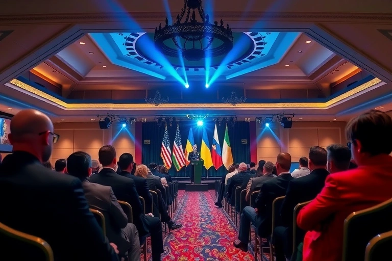 Ambiente internacional y contexto global vinculado a: El foco está puesto en el plan de 28 puntos impulsado por el presidente Donald Trump, una propuesta que surgió como un rayo el pasado jueves y que ya genera ondas de rechazo en Kiev y Bruselas.Esta no es una charla informal; es un pulido colectivo de ideas que podrían redefinir fronteras y fuerzas armadas en Europa del Este.. Iluminación cinematográfica, ambiente serio y profesional.