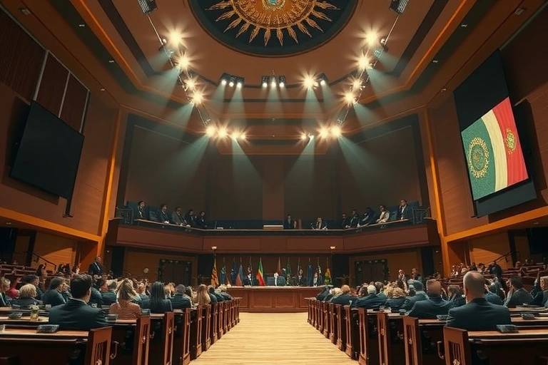 Ambiente internacional y contexto global vinculado a: Expertos independientes de la ONU han elevado su voz, instando al Parlamento español a aprobar de una vez por todas un proyecto de ley que languidece desde hace cinco años.. Iluminación cinematográfica, ambiente serio y profesional.