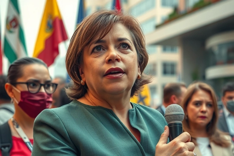 Detalle de personajes políticos y contexto relacionado con: Esa es la visión audaz que defiende la canciller Rosa Villavicencio en medio de un torbellino de críticas.. Estilo foto editorial política.