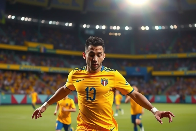 Detalle táctico y jugadores clave relacionado con: Imagina la euforia en el estadio cuando el extremo colombiano, en su primera titularidad con Cruzeiro, clava el primer gol de su equipo en un partido que parecía perdido.. Estilo foto editorial deportiva.