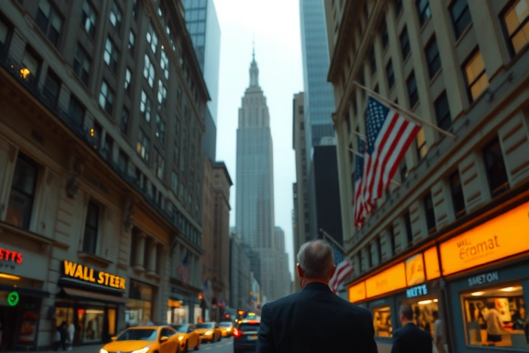 Ambiente económico y contexto financiero vinculado a: Wall Street, después de una montaña rusa emocional provocada por liquidaciones en sectores especulativos y un nerviosismo palpable tras subidas vertiginosas, dio un giro inesperado.. Iluminación cinematográfica, ambiente serio y profesional.