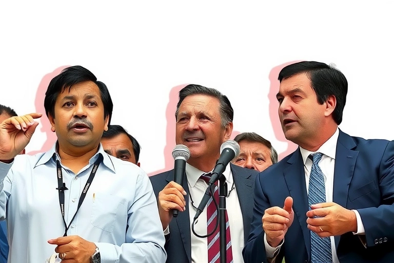 Detalle de personajes políticos y contexto relacionado con: Este enfrentamiento surge alrededor de obras clave que los líderes regionales han impulsado con recursos propios, mientras acusan al Gobierno Nacional de abandono.. Estilo foto editorial política.