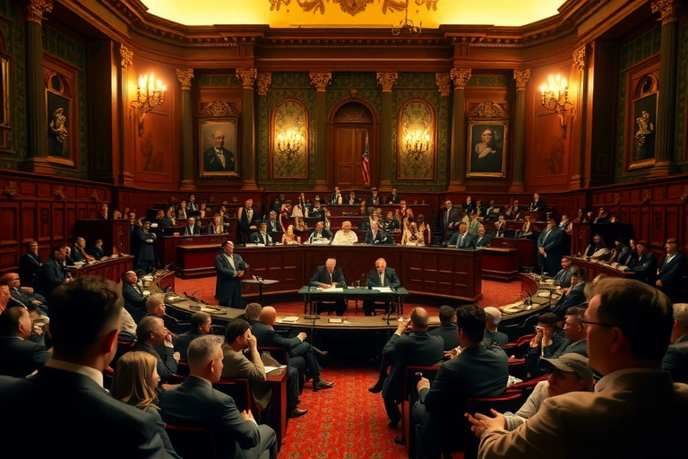 Ambiente político y contexto social vinculado a: ¿Por qué, a pesar de múltiples intentos, la Sala Plena no logra ponerse de acuerdo para votar sobre las presuntas violaciones al tope de gastos?. Iluminación cinematográfica, ambiente serio y profesional.