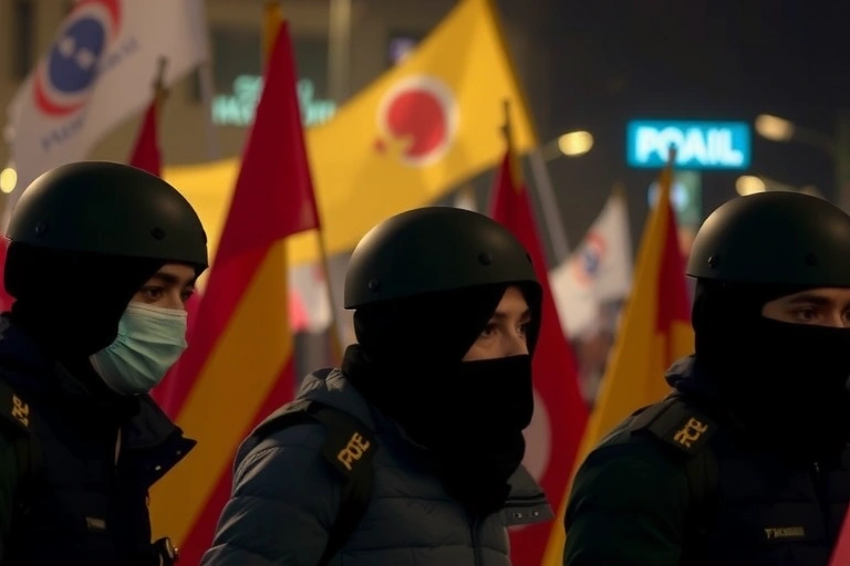 Ambiente internacional y contexto global vinculado a: Este domingo, la policía turca desplegó antidisturbios para frustrar manifestaciones clave contra los feminicidios rampantes.. Iluminación cinematográfica, ambiente serio y profesional.